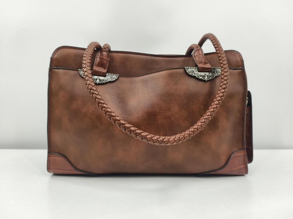 Bueno Satchel Bag Womens Medium Brown Faux Leather Braided Western Handbag Purse
